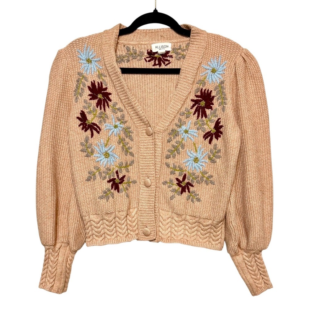 Allison Peach Embroidered V-Neck Cardigan Sweater